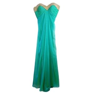 La Femme Prom Strapless Green Chiffon Rhinestone Bustline Maxi Gown